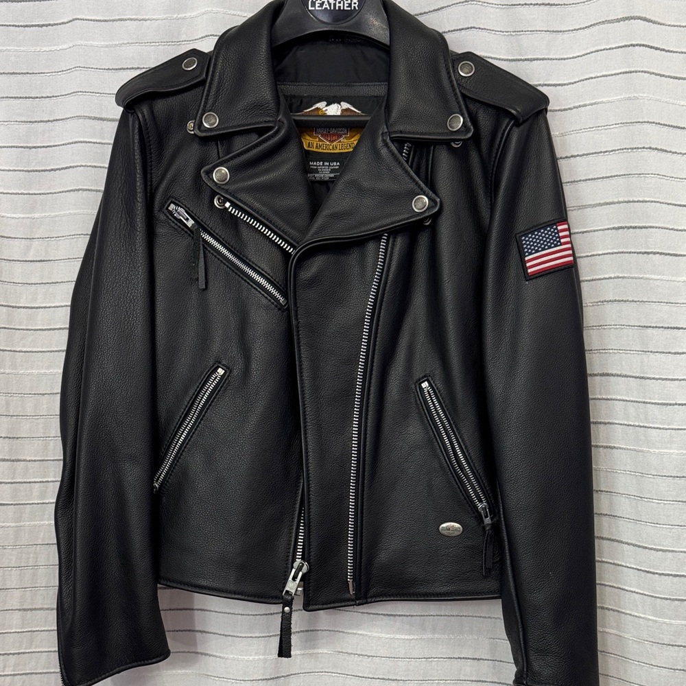 Women’s Black Leather Harley Davidson Jacket with Flag Patch